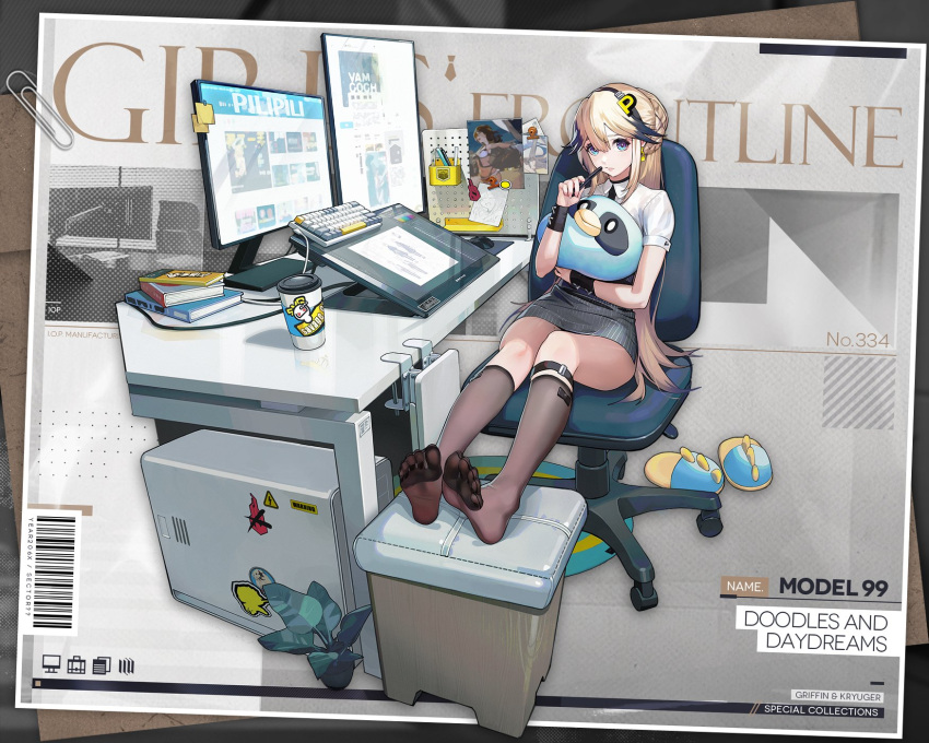 1girl artist_self-reference barcode bilibili black_hairband black_necktie black_skirt black_socks black_wrist_cuffs blonde_hair blue_eyes blue_hair book chair character_name closed_mouth commentary computer computer_tower copyright_name crossed_out cup desk doll_hug drawing_tablet earrings english_commentary feet footrest full_body girls'_frontline griffin_&amp;_kryuger hairband highres holding holding_pen jewelry keyboard_(computer) kneehighs legs letter_hair_ornament lightning_bolt_symbol long_hair monitor mouse_(computer) multicolored_hair multiple_monitors necktie no_shoes object_hug office_chair office_lady official_alternate_costume official_art oop paperclip pen pinstripe_pattern pinstripe_skirt plant potted_plant promotional_art rug sangvis_ferri savage_99_(doodles_and_daydreams)_(girls'_frontline) savage_99_(girls'_frontline) second-party_source see-through_socks shin_strap shirt short_sleeves sign sitting skirt slippers slippers_removed socks soles solo sticker streaked_hair striped swivel_chair toes very_long_hair warning_sign white_shirt wrist_cuffs