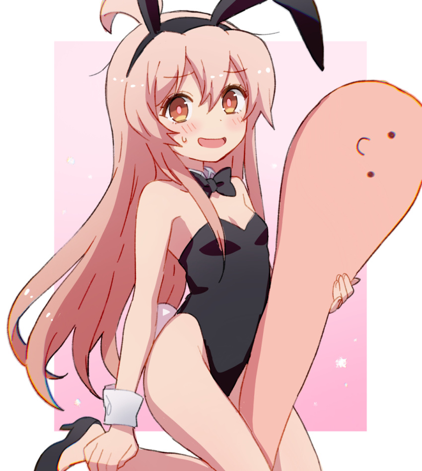 1girl :d animal_ears bare_arms bare_legs bare_shoulders black_bow black_bowtie black_footwear black_hairband black_leotard bow bowtie breasts brown_eyes c: commentary detached_collar ekra fake_animal_ears hair_between_eyes hairband high_heels highres kneeling leotard light_blush long_hair looking_at_viewer onii-chan_wa_oshimai! open_mouth oyama_mahiro pink_hair pink_pupils playboy_bunny rabbit_ears rabbit_tail shoes simple_background small_breasts smile solo sweatdrop tail very_long_hair wrist_cuffs