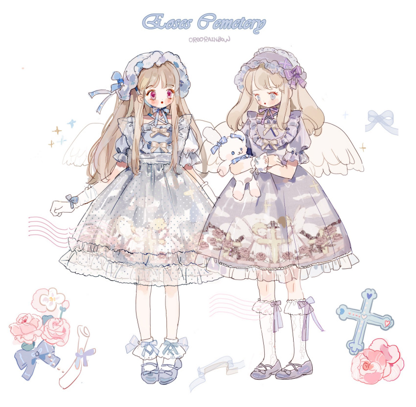 2girls :o angel_print angel_wings artist_name blonde_hair blue_bow blue_bowtie blue_dress blue_eyes blue_footwear blue_headwear blue_ribbon blush_stickers bonnet bow bow_button bow_legwear bowtie commentary cross-laced_footwear cross-laced_hairband cross_print crossed_arms dress english_commentary english_text eyelashes eyeshadow floral_print flower footwear_bow frilled_dress frilled_hairband frilled_sleeves frilled_socks frills full_body gloves gold_bow grey_bow hair_bow hairband highres holding holding_stuffed_toy kneehighs lace-trimmed_dress lace-trimmed_socks lace_trim layered_dress lolita_fashion lolita_hairband long_hair looking_at_another looking_at_object looking_down makeup mary_janes medium_dress multiple_girls neck_ribbon original parted_lips pink_eyes pink_eyeshadow pink_flower pink_rose polka_dot polka_dot_dress puffy_short_sleeves puffy_sleeves purple_bow purple_dress purple_footwear purple_hairband purple_ribbon putong_xiao_gou red_lips ribbon rose rose_print scroll see-through_dress_layer shoes short_sleeves sidelocks socks sparkle square_neckline stuffed_animal stuffed_rabbit stuffed_toy white_background white_gloves white_socks white_wings white_wrist_cuffs wings wrist_bow