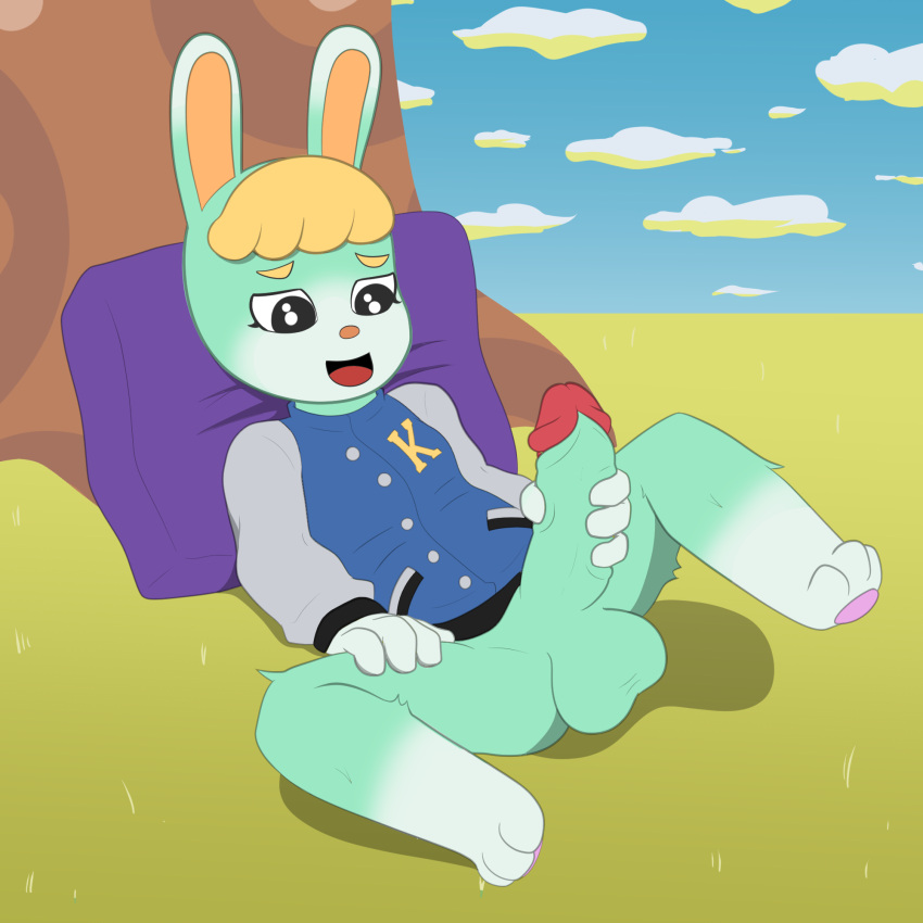 1:1 animal_crossing anthro balls bottomless clothed clothing erection genitals hi_res kamikiller lagomorph leporid male mammal masturbation nintendo outside penis rabbit sasha_(animal_crossing) solo