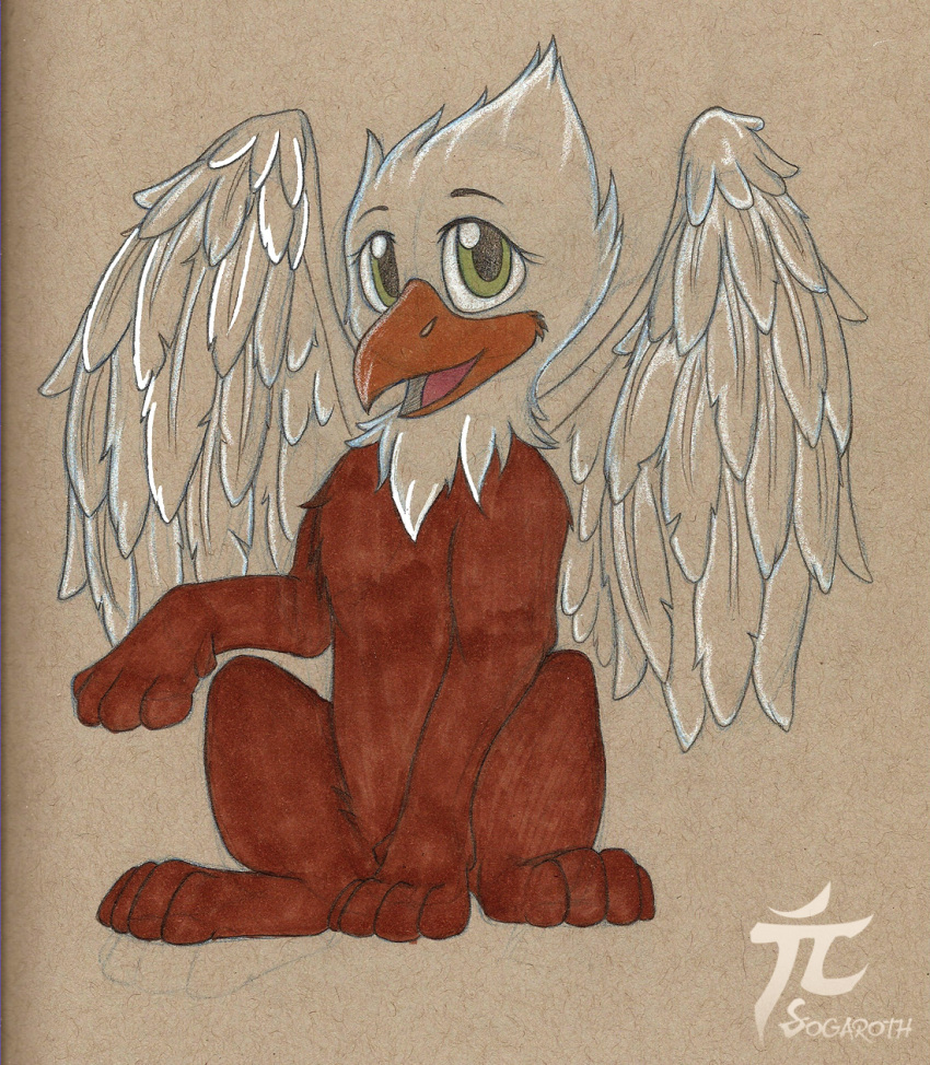 2014 artist_logo avian beak brown_body brown_fur detailed detailed_feathers feathered_wings feathers female feral fur green_eyes grey_background gryphon hi_res logo looking_at_viewer mythological_avian mythology simple_background sitting sogaroth solo spread_wings white_body white_feathers wings