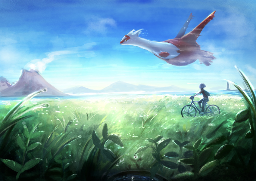 1boy backpack bag beanie bicycle brendan_(pokemon) commentary_request day flying from_side grass green_bag ground_vehicle hat highres latias male_focus outdoors pants pokemon pokemon_(creature) pokemon_(game) pokemon_emerald pokemon_rse riding riding_bicycle shirt shoes short_sleeves sky tsukushi_miwo volcano white_headwear