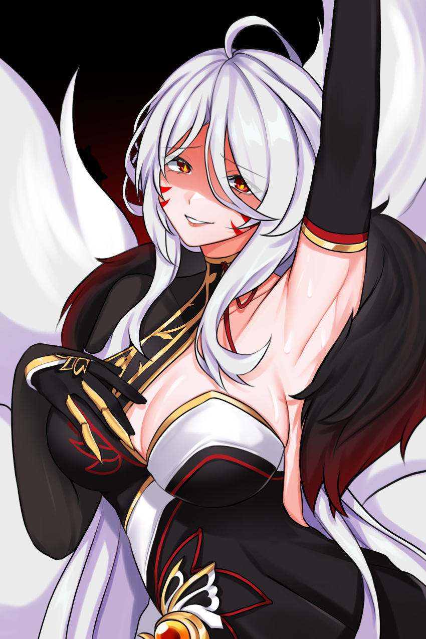 1girl absurdres ahoge ara_haan arm_up armpits black_dress black_gloves breasts cleavage commentary devi_(elsword) dress elbow_gloves elsword eun_(elsword) evil_grin evil_smile facial_mark feather_boa fox_girl fox_tail gloves grin hand_on_own_chest highres large_breasts lips long_hair looking_at_viewer multiple_tails pink_lips red_eyes sindellnwza smile solo sweat tail white_hair