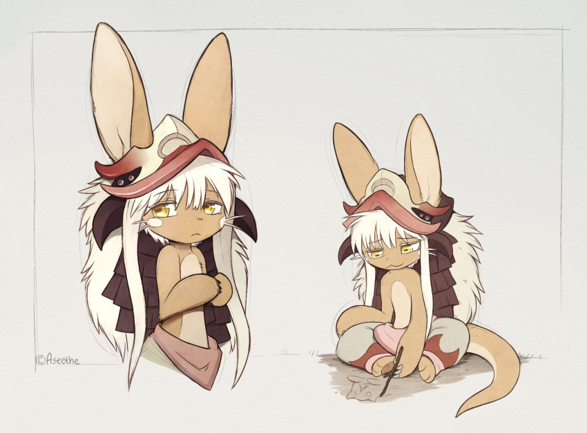 ambiguous_gender anthro armor aseethe clothed clothing digital_media_(artwork) drawing fur hair headgear helmet hi_res made_in_abyss nanachi partially_clothed simple_background smile solo tan_body tan_fur white_hair yellow_eyes