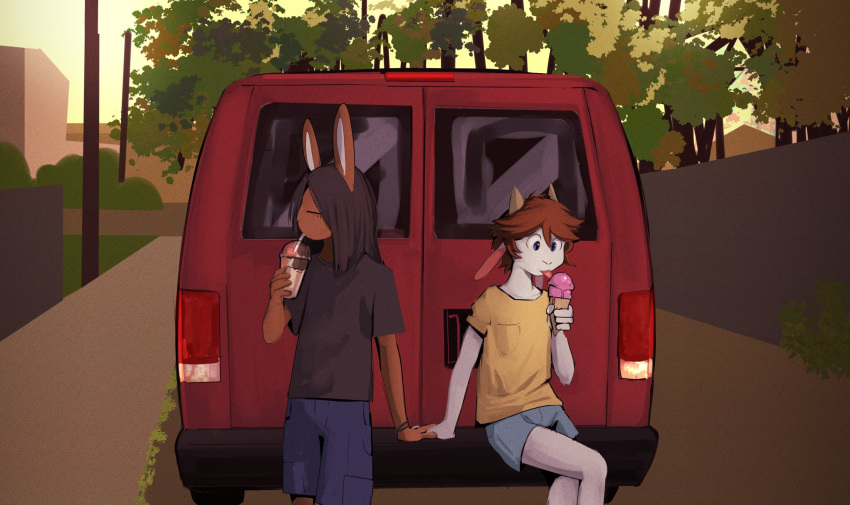 anthro beverage black_clothing black_hair black_shirt black_topwear blue_bottomwear blue_clothing blue_eyes blue_shorts bottomwear bovid brown_body brown_fur brown_hair caprine car clothed clothing dessert detailed_background drinking duo food fur goat hair hand_holding hi_res horn ice_cream ice_cream_cone janis_(twang) lagomorph leporid licking_ice_cream long_ears male mammal medium_truck milo_(twang) outside plant rabbit red_car shirt shorts sitting street tongue tongue_out topwear touching_hand tree truck_(vehicle) twang van vehicle white_body white_fur yellow_clothing yellow_shirt yellow_topwear