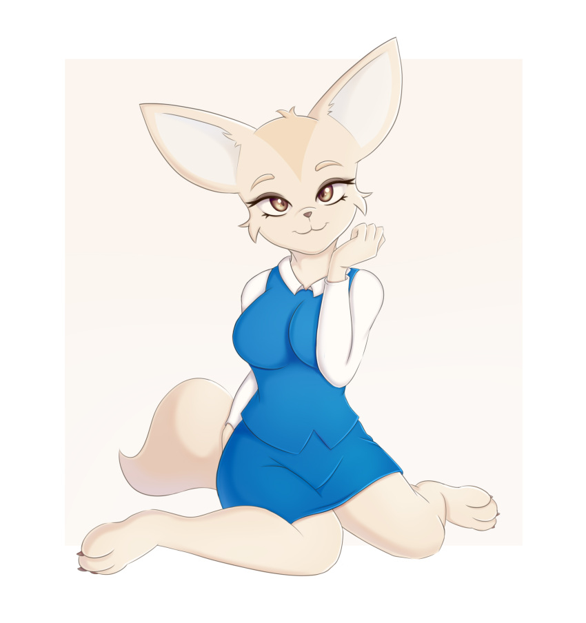 aggretsuko anthro canid canine clothing costume female fennec fenneko fox fur hi_res looking_at_viewer mammal navel sanrio sitting solo tail tan_body tan_fur tanatos_aaa