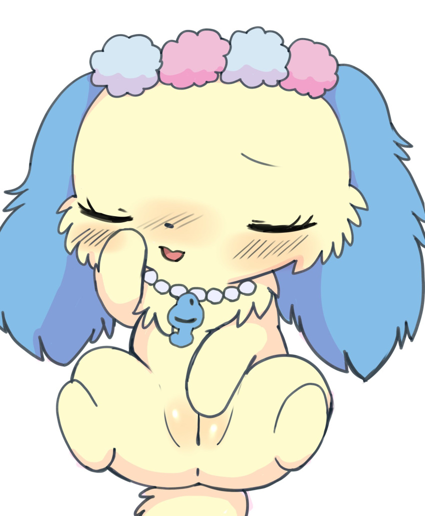 anthro anus azuo blue_hair blush canid canine canis domestic_dog eyes_closed female fur genitals hair hi_res jewelpet jewelry mammal masturbation necklace plump_labia pussy sanrio sapphie semi-anthro simple_background solo vaginal vaginal_masturbation white_background yellow_body yellow_fur