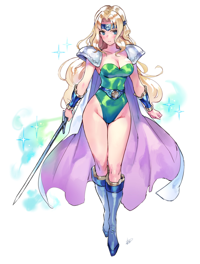 1girl absurdres armor blonde_hair blue_eyes blue_footwear blush boots breasts cape celes_chere cleavage commentary_request final_fantasy final_fantasy_vi full_body green_leotard groin headband highres holding holding_sword holding_weapon large_breasts leotard long_hair looking_at_viewer matsuda_(matsukichi) pauldrons purple_cape shoulder_armor solo sparkle standing strapless strapless_leotard sword thighs very_long_hair weapon
