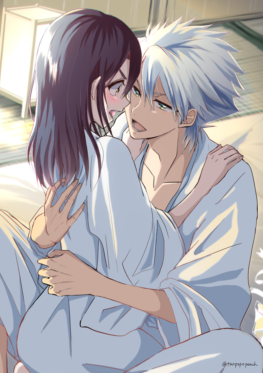 1boy 1girl :d absurdres black_hair bleach brown_eyes collarbone couple eye_contact futon green_eyes hands_on_another's_shoulder hetero highres hinamori_momo hitsugaya_toushirou hug indoors japanese_clothes kimono long_hair long_sleeves looking_at_another open_mouth short_hair sitting smile spiked_hair straight_hair tanpopopeach tatami twitter_username white_hair white_kimono