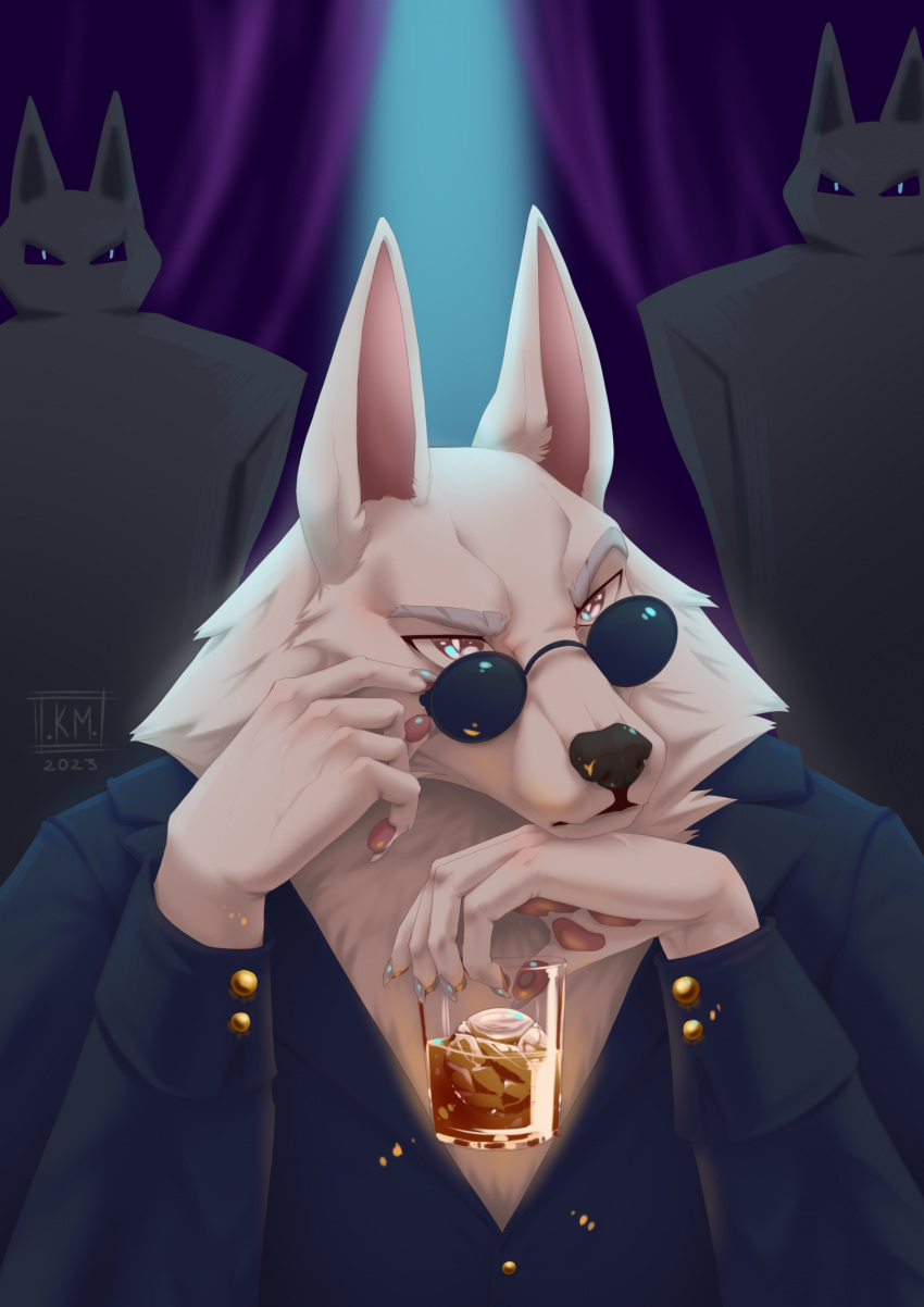 anthro arctic_wolf beverage big_ears canid canine canis clothing eyewear group hi_res illumination_entertainment jimmy_crystal kettimurr male mammal pawpads sing_(movie) suit sunglasses trio wolf