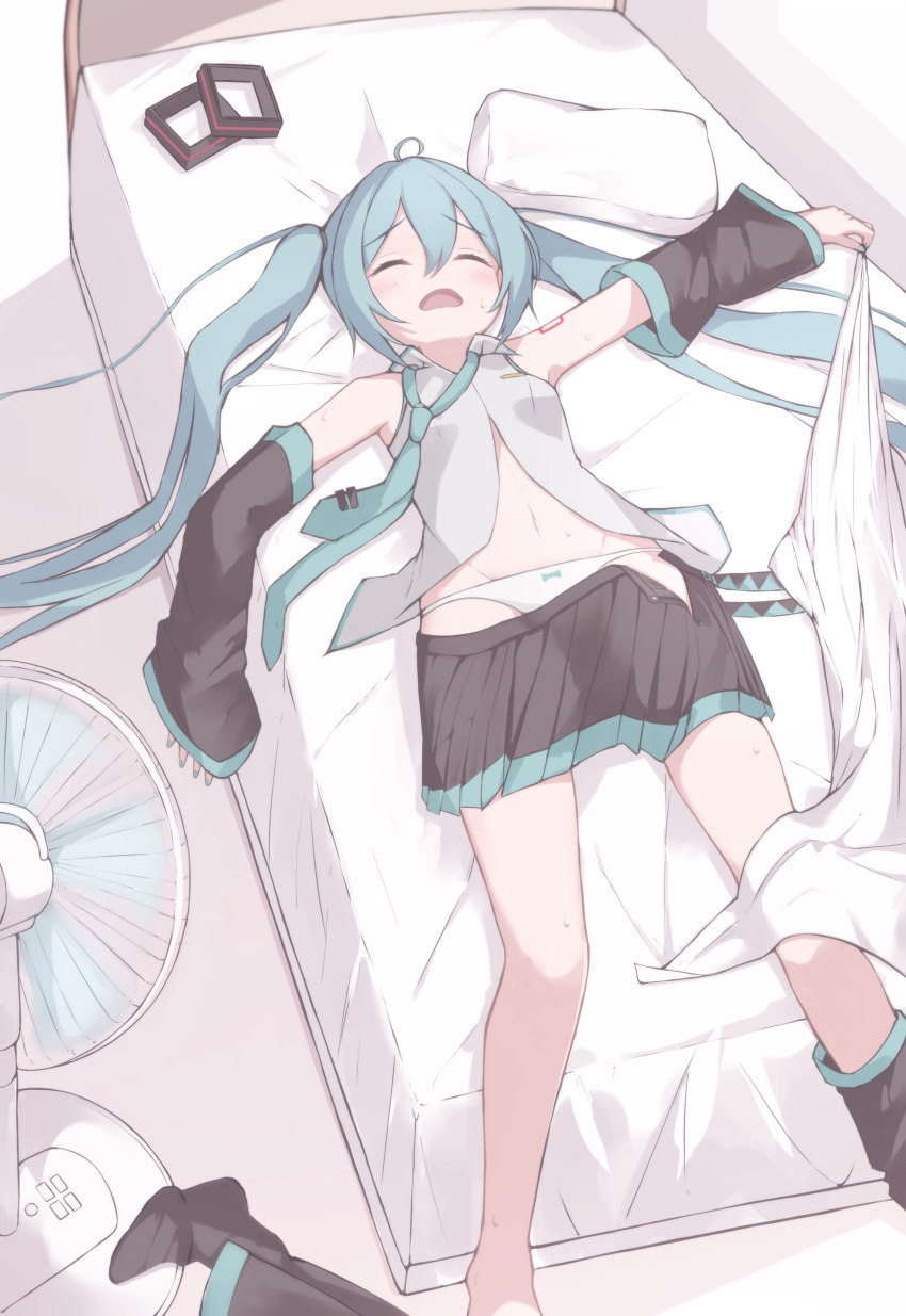 1girl absurdres ahoge aqua_hair aqua_nails aqua_necktie bare_shoulders black_skirt black_sleeves black_thighhighs blanket closed_mouth detached_sleeves electric_fan feet_out_of_frame furrowed_brow grey_shirt groin hair_ornament hair_ornament_removed hatsune_miku highres holding holding_blanket hot indoors light_blush long_hair lying midriff miniskirt motion_blur navel necktie okome_(okome_0627ha) on_back on_bed open_clothes open_mouth open_shirt panties partially_undressed pillow pleated_skirt revision shirt shoulder_tattoo skirt sleeveless sleeveless_shirt sleeves_past_wrists solo sweat tattoo thighhighs thighhighs_removed tie_clip twintails underwear very_long_hair vocaloid white_panties