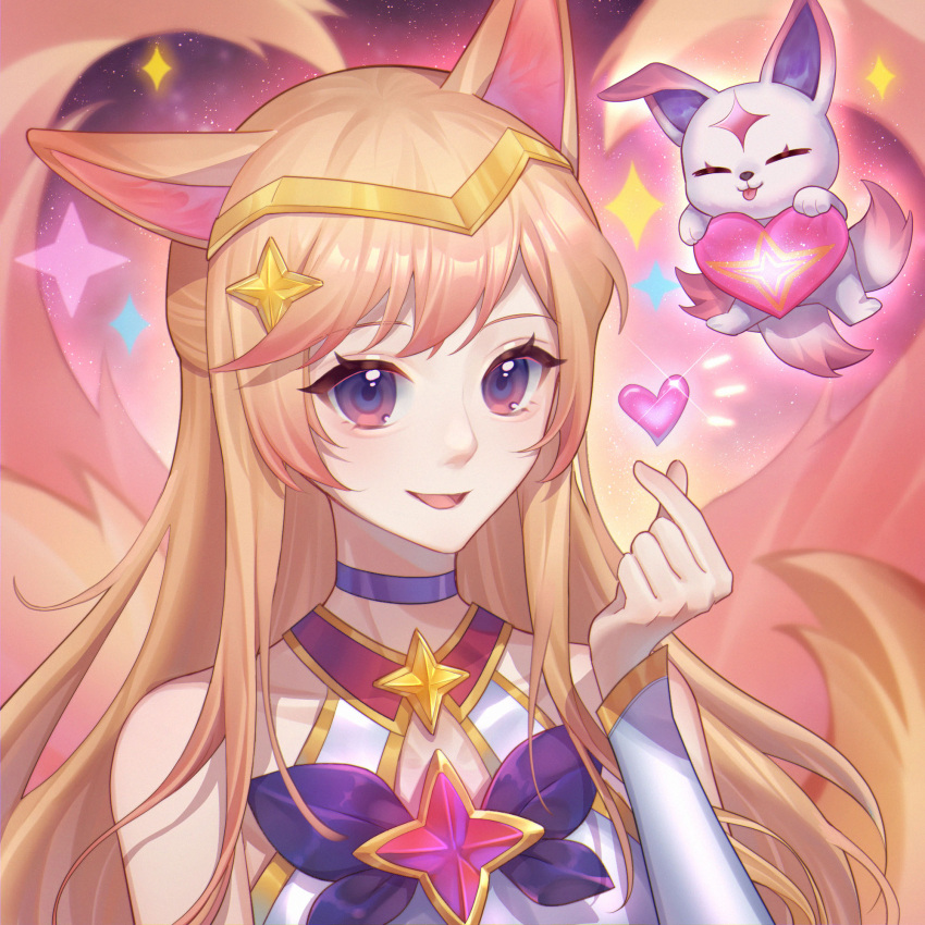 1girl :d :p ahri_(league_of_legends) animal animal_ears bare_shoulders blue_choker bow bowtie brown_eyes choker closed_eyes covered_collarbone detached_sleeves finger_heart fox_ears fox_girl fox_tail gold_headband grey_sleeves hair_ornament heart highres league_of_legends long_hair long_sleeves looking_at_viewer multiple_tails official_alternate_costume open_mouth purple_bow purple_bowtie qianniao_zhi_shi smile space sparkle star_(symbol) star_guardian_(league_of_legends) star_guardian_ahri star_hair_ornament starry_background tail tongue tongue_out upper_body