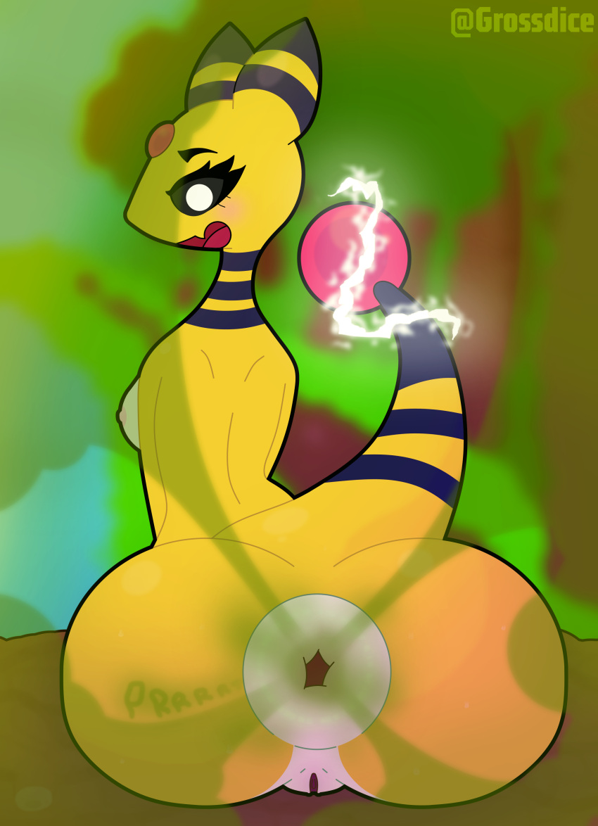 absurd_res ampharos anthro anus big_anus big_butt black_sclera blurred_background blush bodily_fluids butt electricity fart fart_cloud fart_fetish female first_person_view forest generation_2_pokemon genitals grossdice hi_res nintendo nipples onomatopoeia plant pokemon pokemon_(species) presenting presenting_hindquarters puffy_anus pussy sitting solo sound_effects sweat sweatdrop tail text tree yellow_body