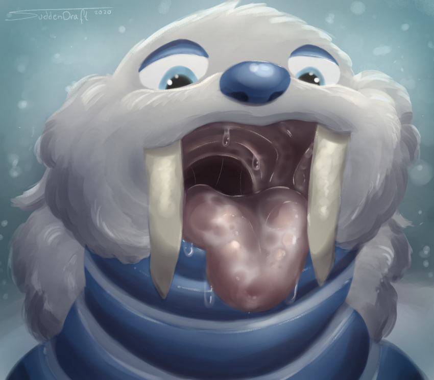 2020 blue_eyes digital_media_(artwork) fangs fur generation_3_pokemon grey_body grey_fur headshot_portrait hi_res male nintendo pokemon pokemon_(species) portrait sabertooth_(anatomy) snow snowing solo suddendraft teeth thick_tongue tongue tongue_out walrein