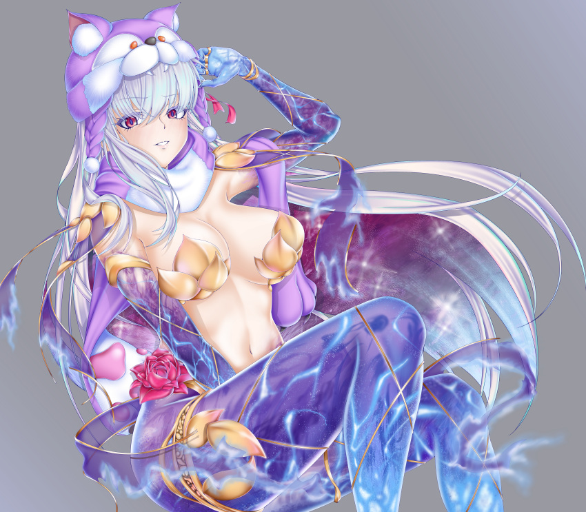 1girl absurdres animal_hat armlet armor bikini_armor blue_hair blue_skin blush breasts cleavage collar colored_inner_hair colored_skin earrings fate/grand_order fate_(series) flower gradient_skin hair_ribbon hat highres jewelry kachihokori_satake kama_(dream_portrait)_(fate) kama_(fate) kama_(third_ascension)_(fate) large_breasts long_hair looking_at_viewer lotus metal_collar multicolored_hair navel parted_lips purple_headwear purple_scarf red_eyes ribbon scarf solo thighlet thighs two-tone_hair white_hair wolf_hat