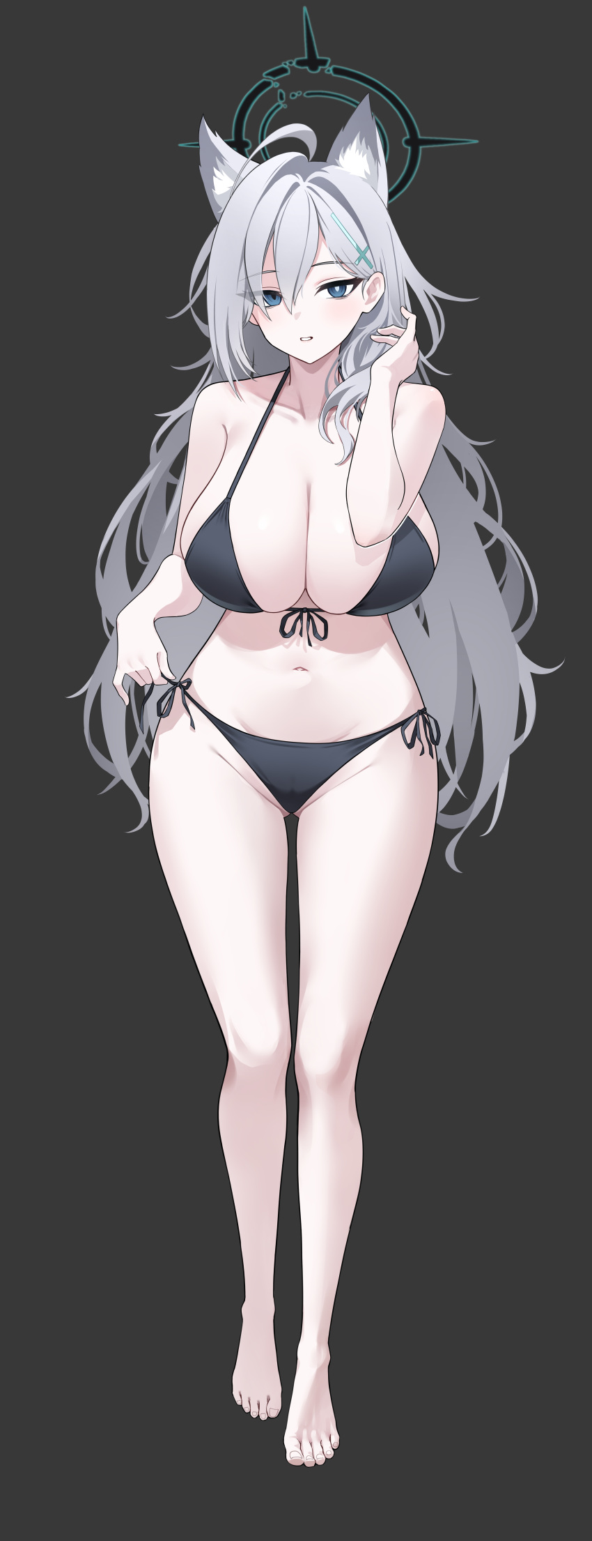 1girl absurdres ahoge animal_ear_fluff animal_ears ass_visible_through_thighs bare_arms bare_legs bare_shoulders barefoot bikini black_bikini black_halo blue_archive blue_eyes blush breasts broken_halo cleavage coke0502 cross cross_hair_ornament dark_halo extra_ears full_body grey_background grey_hair groin hair_between_eyes hair_ornament halo halterneck highres huge_breasts inverted_cross long_hair looking_at_viewer mismatched_pupils navel revision shiroko_(blue_archive) shiroko_(terror)_(blue_archive) simple_background solo standing stomach string_bikini swimsuit thigh_gap thighs very_long_hair wolf_ears