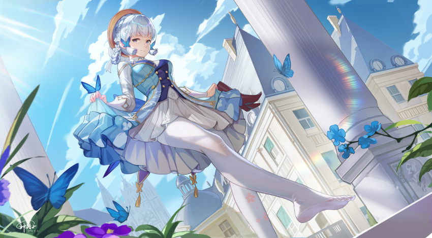 1girl absurdres blue_butterfly blue_dress blue_eyes blue_hair blunt_tresses brown_headwear bug building butterfly butterfly_hair_ornament collar dress flower genshin_impact god_hunter hair_ornament highres kamisato_ayaka kamisato_ayaka_(springbloom_missive) legs light_blue_hair long_sleeves looking_at_viewer multicolored_clothes multicolored_dress official_alternate_costume official_alternate_hairstyle pantyhose puffy_long_sleeves puffy_sleeves smile solo white_collar white_pantyhose