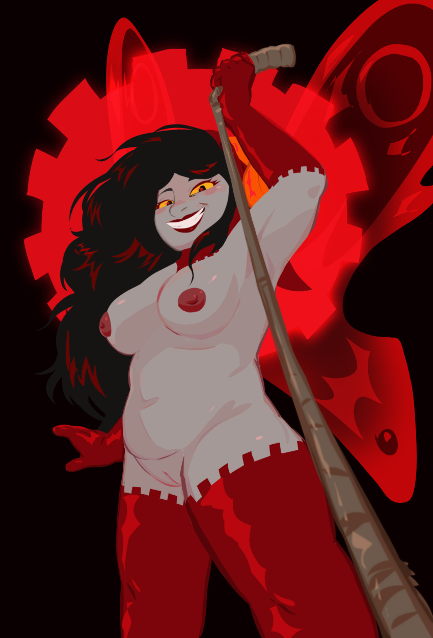 alien aradia_megido black_hair breasts clothed clothing dominant dominant_female eye_contact female gloves hair handwear hi_res homestuck humanoid legwear lingerie long_hair looking_at_another ms_paint_adventures not_furry partially_clothed pov_eye_contact sillysillay smile smiling_at_viewer solo thick_thighs thigh_highs troll_(homestuck) webcomic wings