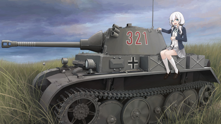 1girl absurdres ars_almal blue_eyes caterpillar_tracks cloud cross day grass highres iron_cross isonokami_furu military military_vehicle motor_vehicle nijisanji panzer_ii skirt sky tank thighhighs twintails uniform white_hair