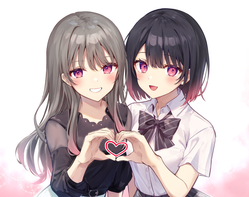 2girls :d belt belt_buckle black_belt black_bow black_hair black_shirt blush bow brown_hair buckle collared_shirt commentary_request copyright_request diagonal-striped_bow dress_shirt gradient_hair grin heart heart_hands heart_hands_duo long_hair long_sleeves looking_at_viewer multicolored_hair multiple_girls pink_hair purple_eyes shirt short_sleeves skirt smile tetsu_tissue very_long_hair white_shirt white_skirt