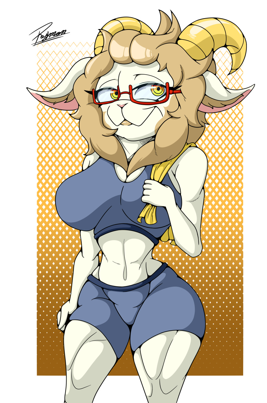 absurd_res anthro athletic athletic_anthro athletic_female big_breasts blonde_hair bovid breasts caprine clothed clothing eyewear female fur glasses goat hair hi_res horn hybrid long_ears mammal multicolored_body muscular pink_nose red_eyewear red_glasses reymonrr sasha_(reymonrr) sheep simple_background solo sport sportswear tan_body tan_fur two_tone_body yellow_eyes