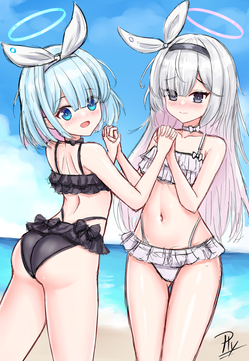 2girls absurdres arona_(blue_archive) ass ass_visible_through_thighs beach bikini black_bikini blue_archive blue_eyes blue_hair blush bow cloud frilled_bikini frills grey_eyes hair_bow hairband halo highres holding_hands long_hair looking_back multiple_girls navel ocean open_mouth outdoors plana_(blue_archive) ribbon rylaera short_hair sky smile swimsuit thigh_gap thighs white_bikini white_hair