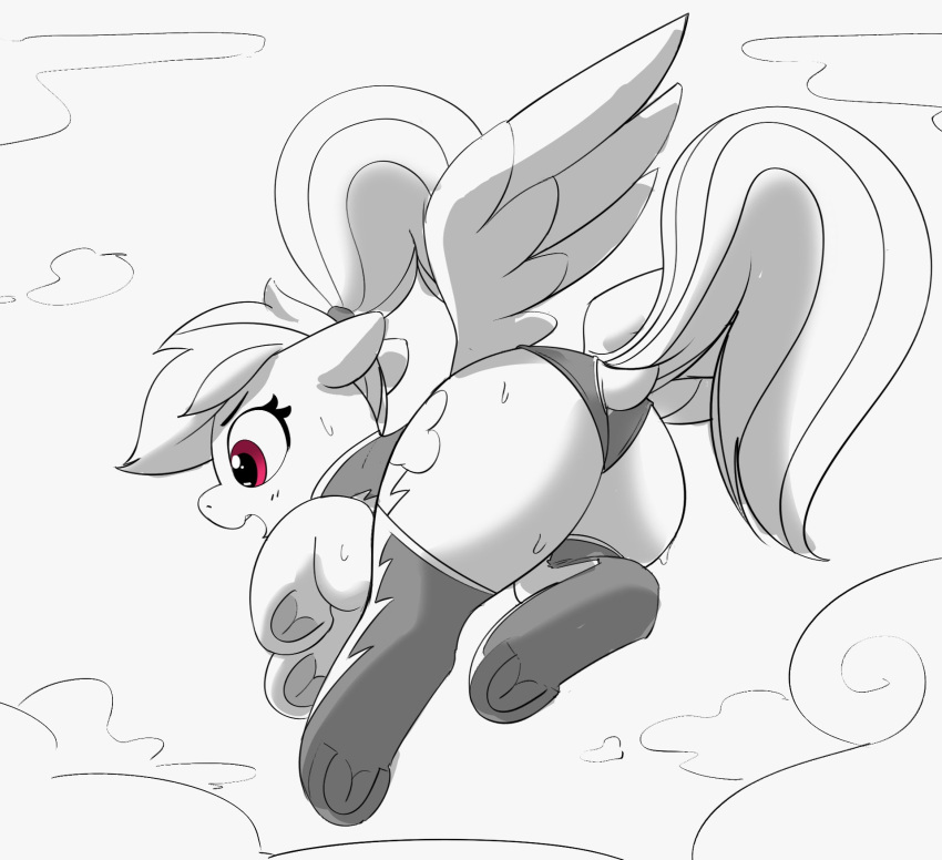 bodily_fluids butt cloud cutie_mark dock equid equine feathered_wings feathers female feral flying friendship_is_magic greyscale hair hasbro hi_res hooves mammal mane monochrome my_little_pony pabbley pegasus pink_eyes ponytail rainbow_dash_(mlp) raised_tail sky solo sweat tail underhoof wings