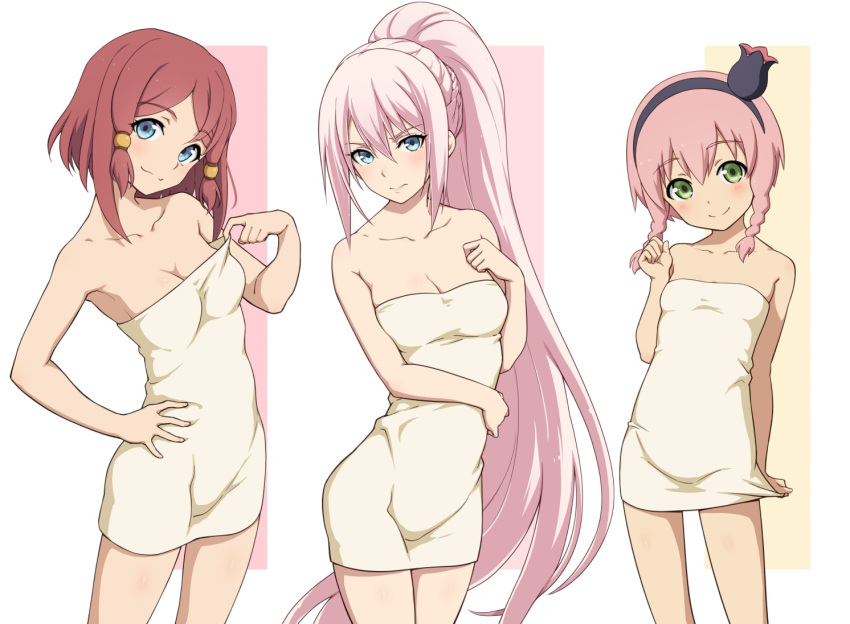 3girls blue_eyes blush braid breasts clenched_hand closed_mouth collarbone commentary cowboy_shot green_eyes hair_between_eyes hair_tubes hairband hand_on_own_hip head_tilt kiikii_(kitsukedokoro) long_hair looking_at_viewer multicolored_background multiple_girls naked_towel pasca_kanonno pink_hair red_hair rose_(tales) shionne_(tales) small_breasts smile standing tales_of_(series) tales_of_arise tales_of_the_world_radiant_mythology_2 tales_of_zestiria towel twin_braids very_long_hair