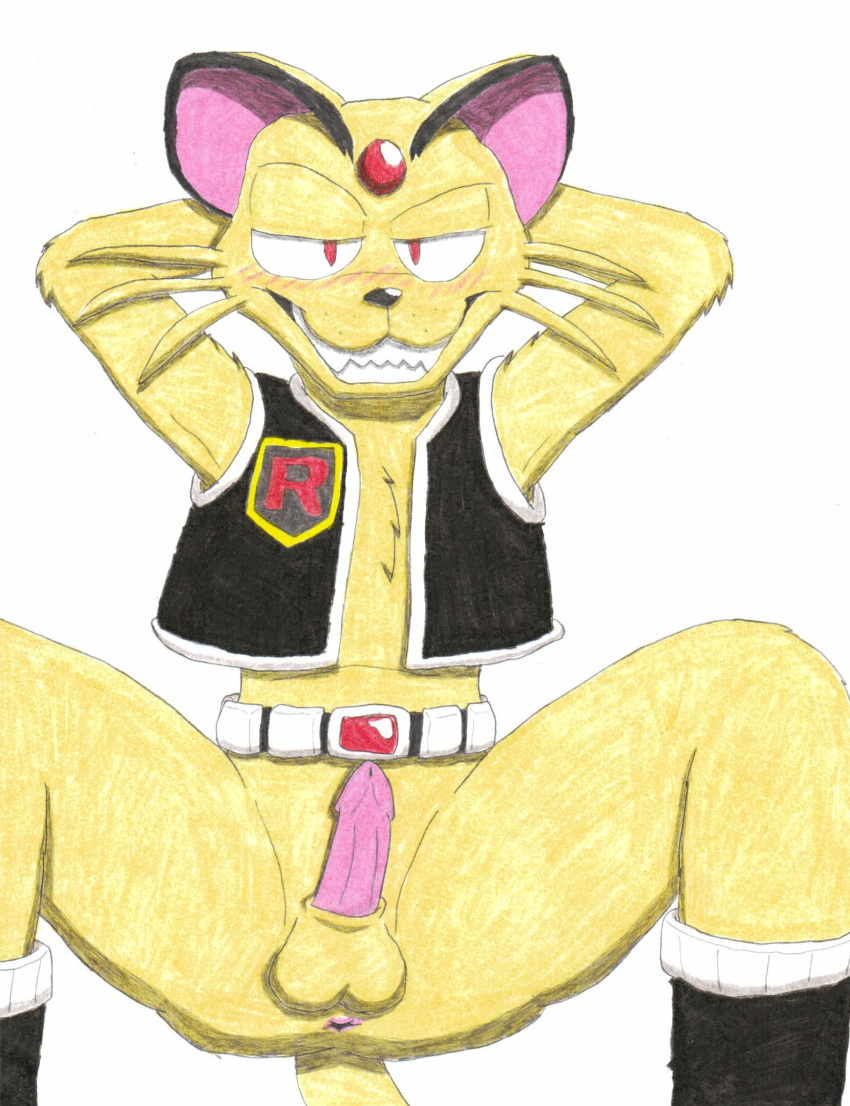 2022 anthro anthrofied anus balls belt boots bottomless butt clothed clothing colored_pencil_(artwork) crouching erection felid feline footwear fur generation_1_pokemon genitals hands_behind_head hi_res looking_at_viewer male male_focus mammal mostly_nude nintendo nude open_clothing penis persian_(pokemon) pokemon pokemon_(species) pokemorph presenting presenting_anus presenting_balls presenting_crotch simple_background smile solo solo_focus spread_legs spreading tail tan_body tan_fur topwear traditional_media_(artwork) ultimatepokemorphs vest white_background yellow_body yellow_fur