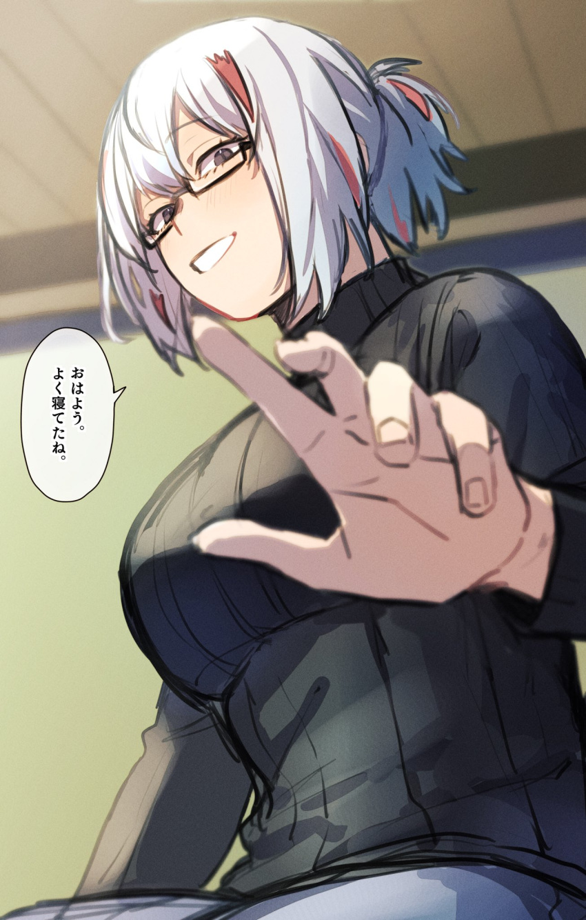 1girl black_eyes black_sweater boku_no_hero_academia glasses hand_up highres indoors multicolored_hair nishino_(fetv8484) red_hair semi-rimless_eyewear short_ponytail solo speech_bubble sweater todoroki_fuyumi translation_request turtleneck turtleneck_sweater two-tone_hair white_hair