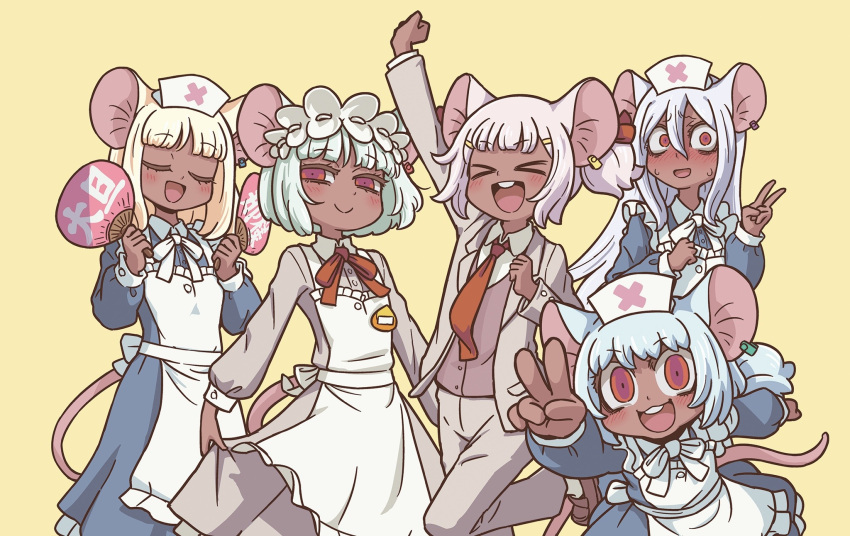 &gt;_&lt; 5girls animal_ears apron arm_up blonde_hair blue_dress blue_hair blush closed_eyes constricted_pupils daikokuten_(fate) dark-skinned_female dark_skin dress fate/grand_order fate_(series) green_hair grey_dress hat highres long_hair looking_at_viewer maid_apron maid_headdress mouse_ears mouse_girl mouse_tail multiple_girls neck_ribbon necktie nervous nurse nurse_cap open_mouth pink_hair red_eyes red_necktie red_ribbon ribbon riyo_(lyomsnpmp) short_hair simple_background smile suit sweat tail v vest white_hair yellow_background