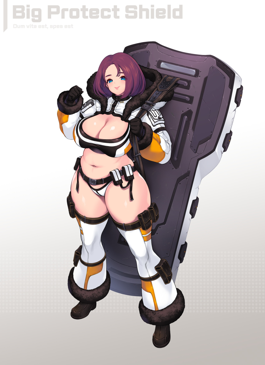 absurdres belt belt_pouch black_gloves blue_eyes bob_cut bottomless breasts brown_hair cleavage cleavage_cutout clothing_cutout coat fur-trimmed_coat fur-trimmed_legwear fur_trim gloves highres huge_breasts lipstick makeup medium_hair midriff plump pouch science_fiction shield shield_on_back shrug_(clothing) thick_thighs thigh_pouch thighhighs thighs thong toriseru_(rare_stone) winter_clothes