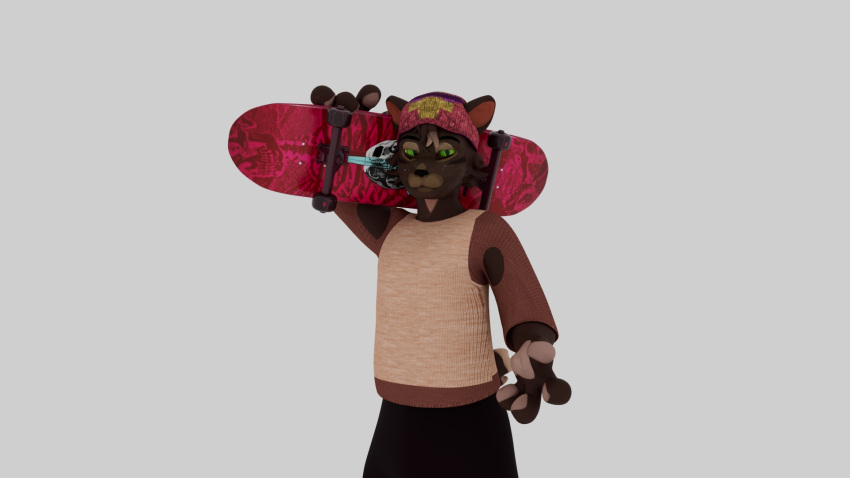 3d_(artwork) anthro battycat beanie clothed clothing digital_media_(artwork) domestic_cat felid feline felis hat headgear headwear hi_res male mammal pawpads pink_pawpads simple_background skateboard skater solo white_background