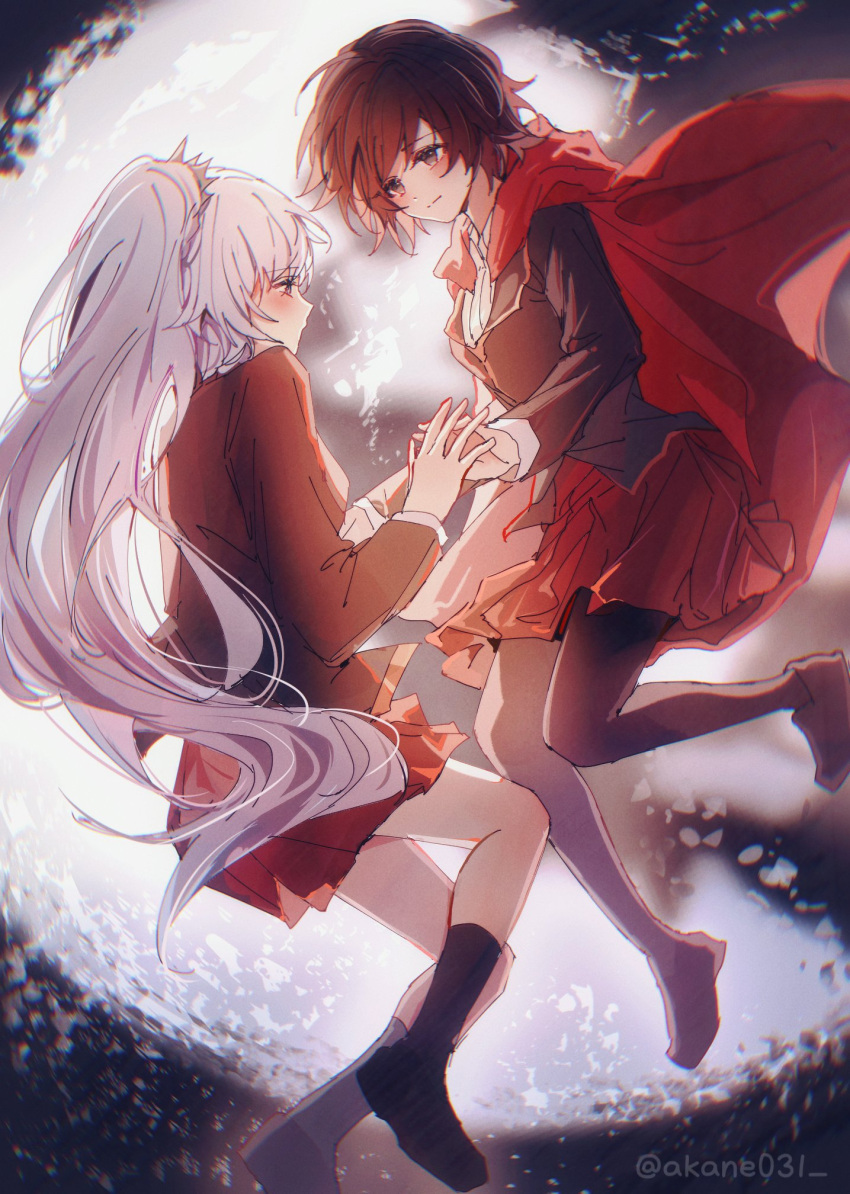 2girls akane031 artist_name black_pantyhose blue_eyes blush cape gradient_hair grey_eyes highres holding_hands long_hair midair moon multicolored_hair multiple_girls night night_sky pantyhose red_cape red_hair ruby_rose rwby scar scar_across_eye school_uniform short_hair sky weiss_schnee white_hair yuri