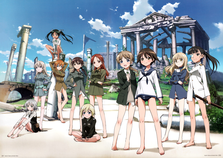 501st_joint_fighter_wing 6+girls absurdres barefoot black_hair blonde_hair blue_eyes braid brown_eyes brown_hair charlotte_e._yeager eila_ilmatar_juutilainen erica_hartmann everyone eyepatch fang feet francesca_lucchini gertrud_barkhorn glasses green_eyes grey_hair highres legs long_hair lynette_bishop minna-dietlinde_wilcke miyafuji_yoshika multiple_girls no_legwear no_pants official_art panties perrine_h._clostermann pillar ponytail ruins sakamoto_mio sanya_v._litvyak school_swimsuit school_uniform serafuku short_hair strike_witches swimsuit swimsuit_under_clothes sword takamura_kazuhiro twintails underwear weapon world_witches_series