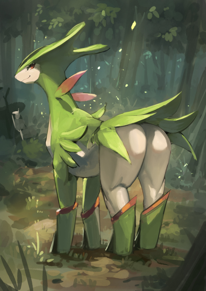 absurd_res butt eguchi_tumoru female feral generation_5_pokemon hi_res legendary_pokemon mammal nintendo pokemon pokemon_(species) smile solo virizion