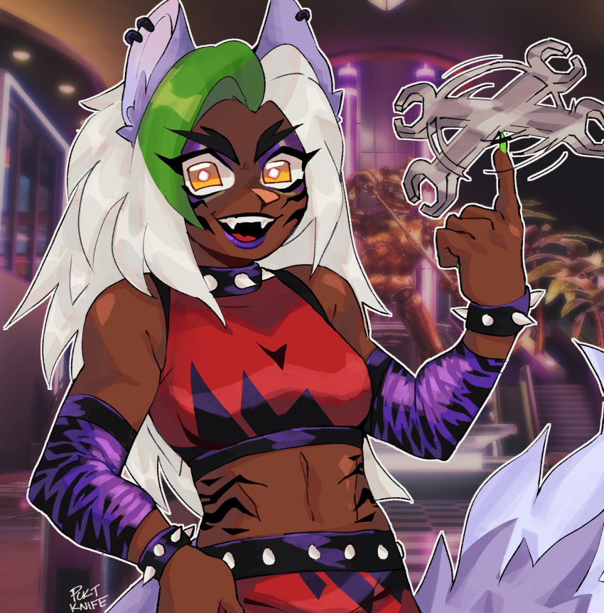 1girl animal_ear_piercing animal_ears arm_warmers balancing_on_finger bracelet breasts commentary crop_top dark-skinned_female dark_skin earrings english_commentary eyeshadow fangs five_nights_at_freddy's five_nights_at_freddy's:_security_breach fox_ears fox_girl fox_tail green_hiar highres holding holding_wrench humanization jewelry makeup medium_breasts multicolored_hair open_mouth pcktknife purple_eyeshadow roxanne_wolf_(fnaf) signature smile solo spiked_bracelet spikes streaked_hair tail tiger_stripes two-tone_hair upper_body white_hair wrench yellow_eyes
