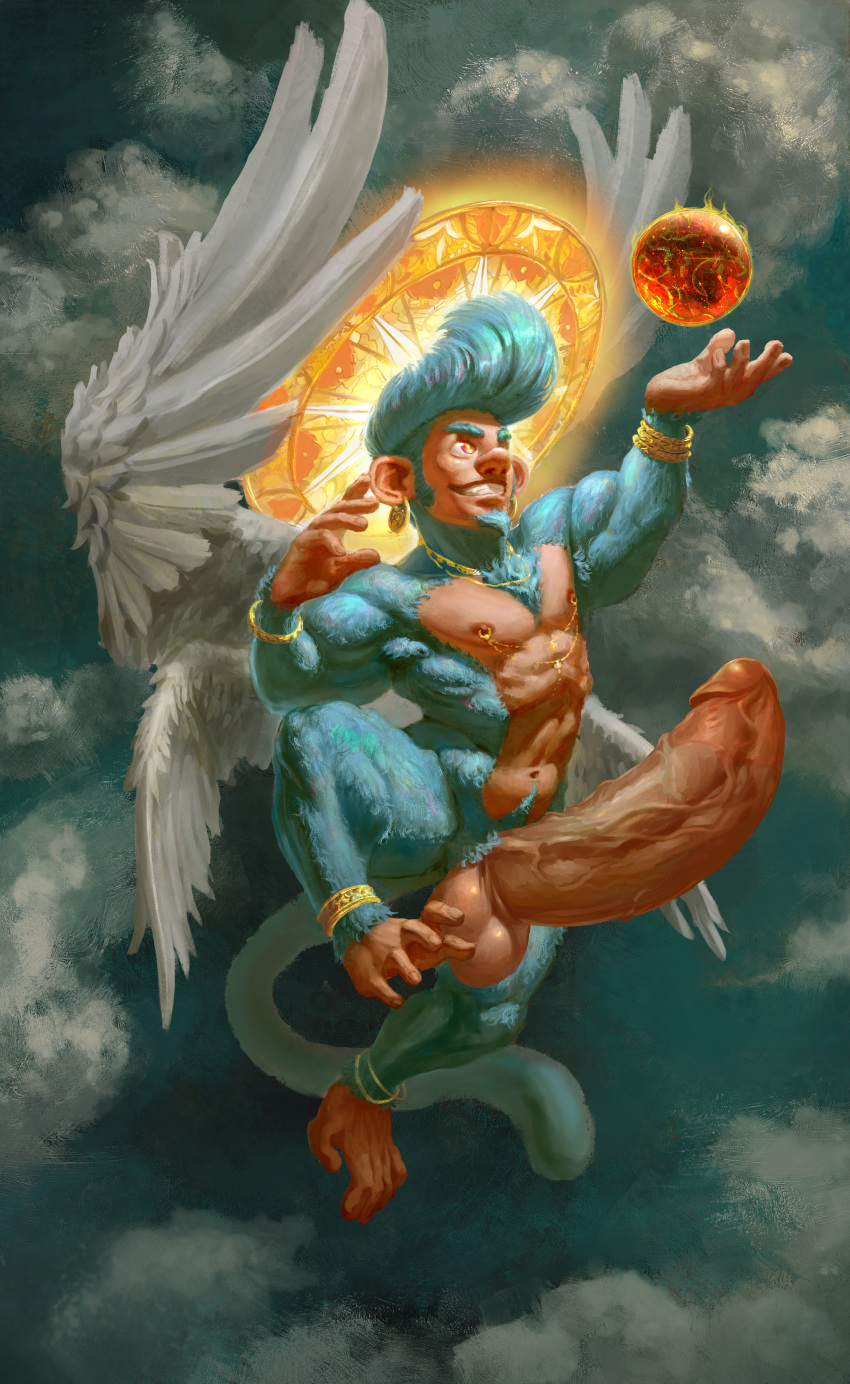 4_wings absurd_res anthro balls beard belly big_penis big_wings blue_beard blue_body blue_fur blue_hair blue_tail bracelet cloud deity detailed detailed_background facial_hair feathered_wings feathers fur genitals gold_(metal) gold_bracelet gold_earring gold_jewelry gold_necklace grin hair haplorhine hi_res huge_penis humanoid_face humanoid_genitalia humanoid_hands humanoid_penis hyper hyper_genitalia hyper_penis jewelry looking_at_object male mammal monkey multi_wing muscular muscular_male necklace nipple_piercing nipple_ring nipples penis piercing prehensile_penis primate red_eyes ring_(jewelry) ring_piercing shaded sky smile solo tail tan_balls tan_belly tan_face tan_hands tan_penis teeth vein veiny_penis wings zenpei zenpei_(character)