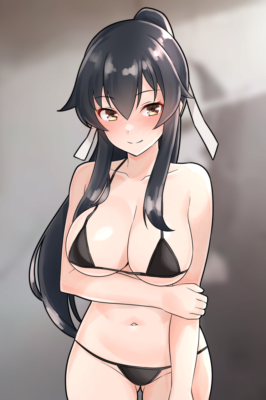 1girl arm_under_breasts ass_visible_through_thighs bikini black_bikini black_hair breasts brown_eyes cowboy_shot furaggu_(frag_0416) hair_between_eyes hair_ribbon highres kantai_collection large_breasts long_hair navel ponytail ribbon sidelocks smile solo standing swimsuit very_long_hair white_ribbon yahagi_(kancolle) yahagi_kai_ni_(kancolle)