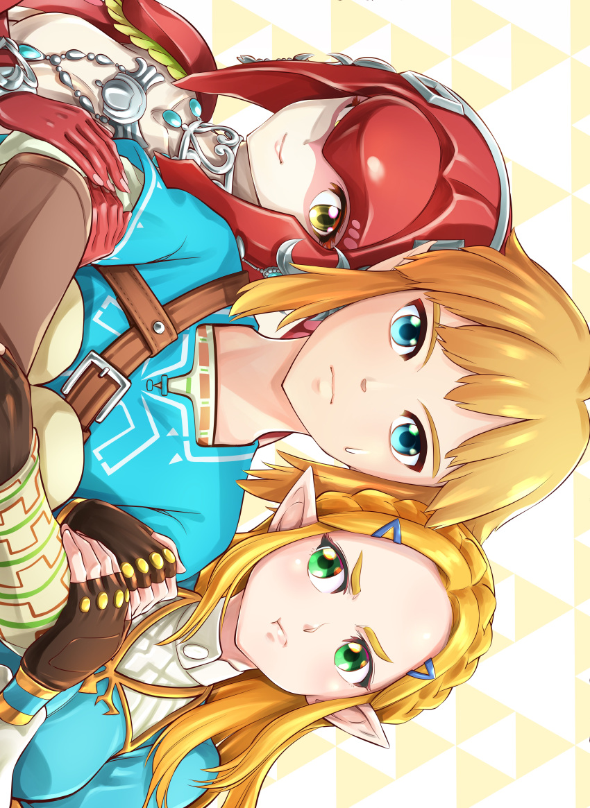 1boy 2girls absurdres blonde_hair blue_eyes braid colored_skin crown_braid fish_girl green_eyes hair_ornament hairclip highres holding_another's_arm jealous jewelry light_brown_hair link long_hair mipha mizunocarbona multiple_girls pointy_ears pout princess_zelda red_skin short_hair sideways the_legend_of_zelda the_legend_of_zelda:_breath_of_the_wild yellow_eyes zora