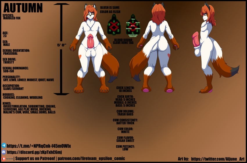 aljune_art anthro autumn_(zeta_artist) canid canine ear_tag fox hi_res male mammal marble_fox model_sheet red_fox runes slave solo