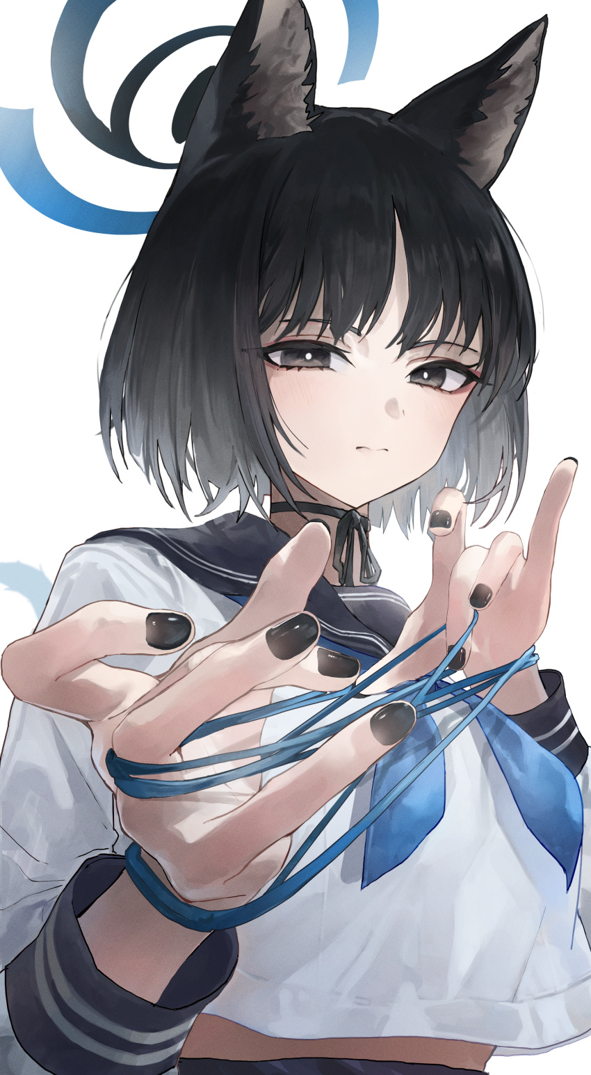 1girl absurdres animal_ears black_eyes black_hair black_nails black_sailor_collar blue_archive blue_halo blue_neckerchief blush cat's_cradle cat_ears cat_tail eyeliner fingernails halo highres kikyou_(blue_archive) long_sleeves looking_at_viewer makeup megu_(pixiv9460065) multiple_tails nail_polish neckerchief red_eyeliner sailor_collar school_uniform serafuku short_hair simple_background solo tail two_tails upper_body white_background