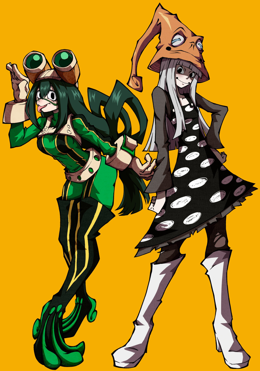 2girls :&gt; absurdres asui_tsuyu black_dress black_eyes black_pantyhose black_shirt blunt_bangs bodysuit boku_no_hero_academia bones_(company) boots brown_gloves commentary company_connection crossover dress english_commentary eruka_frog frog_girl gloves goggles goggles_on_head green_bodysuit green_hair grey_hair hair_between_eyes hair_rings hand_on_hip hand_up hat highres kekel knee_boots leaning_forward long_hair long_sleeves looking_at_viewer low-tied_long_hair multiple_girls orange_headwear pantyhose polka_dot polka_dot_dress shirt simple_background smile soul_eater standing superhero tongue tongue_out torn_clothes torn_pantyhose white_footwear witch_hat yellow_background