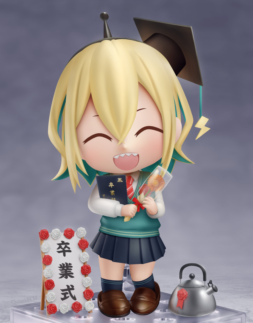 1girl absurdres amano_pikamee black_skirt black_socks blonde_hair blush brown_footwear closed_eyes facing_viewer faux_figurine green_hair green_sweater_vest highres kettle loafers multicolored_hair nendoroid open_mouth pleated_skirt sharp_teeth shiori2525 shoes short_hair skirt smile socks solo sweater_vest teeth translated upper_teeth_only voms