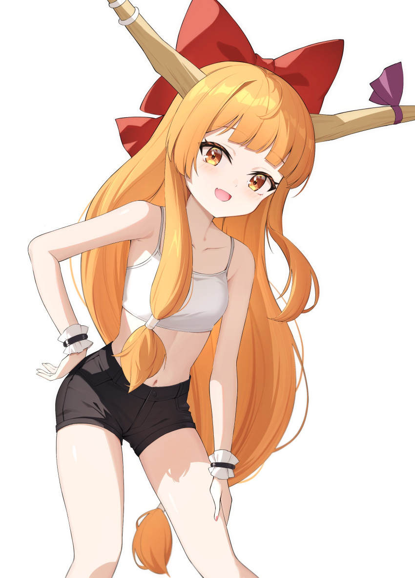 1girl absurdres black_shorts blue_ribbon blush bow collarbone feet_out_of_frame hair_bow highres horn_ornament horn_ribbon horns ibuki_suika long_hair looking_at_viewer navel oeyama oni_horns open_mouth orange_eyes orange_hair red_bow ribbon shorts simple_background smile solo touhou white_background wrist_cuffs