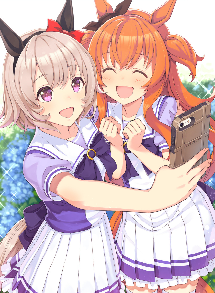 2girls animal_ears blush cellphone closed_eyes collarbone curren_chan_(umamusume) fingernails frilled_skirt frills grey_hair hair_between_eyes highres holding holding_phone horse_ears horse_girl horse_tail itou_(onsoku_tassha) long_hair mayano_top_gun_(umamusume) multiple_girls open_mouth orange_hair phone pleated_skirt puffy_short_sleeves puffy_sleeves purple_eyes school_uniform selfie short_hair short_sleeves skirt smartphone smile summer_uniform tail tracen_school_uniform two_side_up umamusume white_skirt