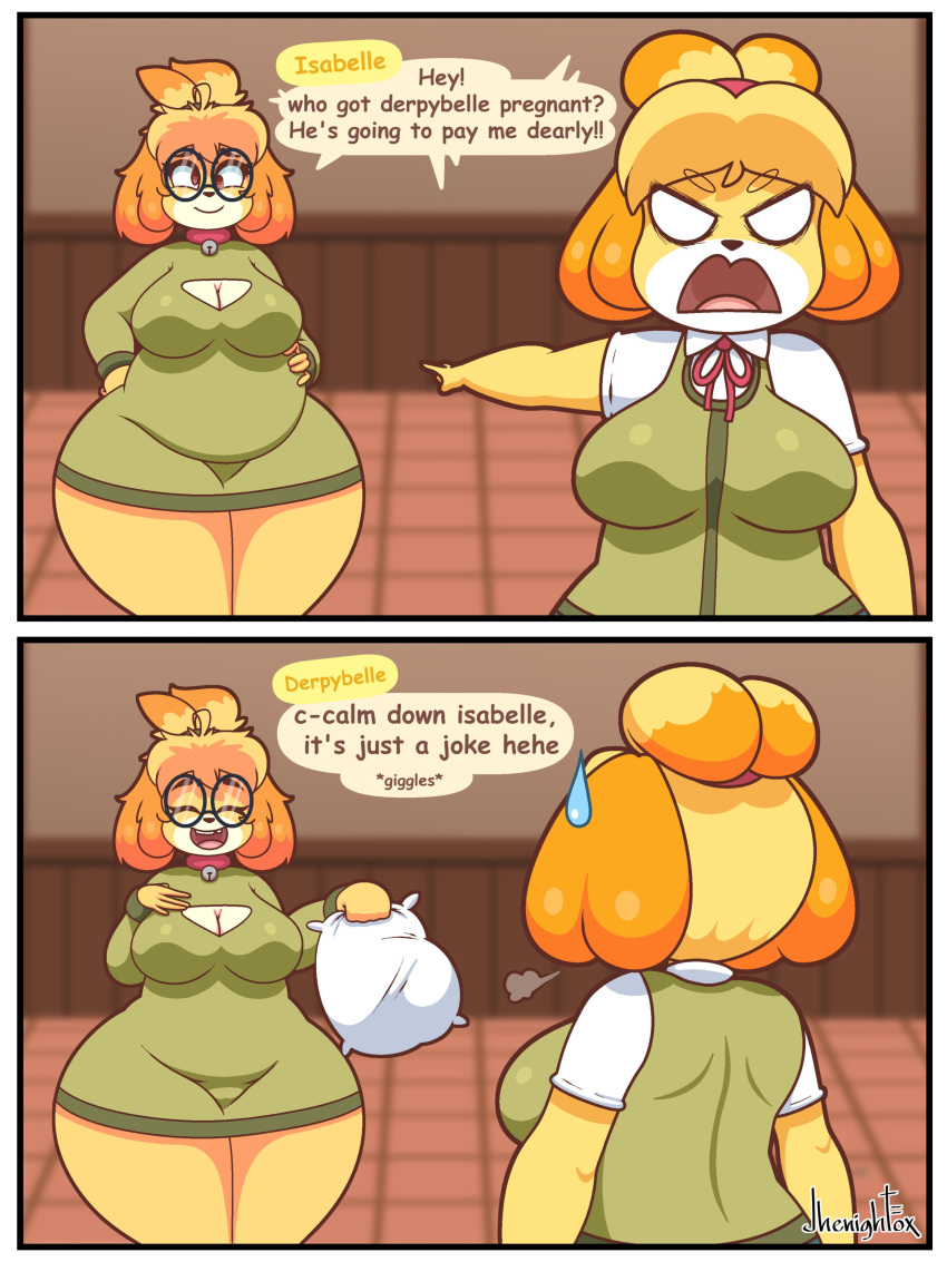 3:4 absurd_res animal_crossing anthro big_breasts border breasts canid canine canis cleavage clothed clothing comic derp_eyes derpybelle dialogue domestic_dog duo english_text eyewear female glasses hi_res isabelle_(animal_crossing) jhenightfox mammal nintendo shih_tzu text thick_thighs toy_dog white_border wide_hips