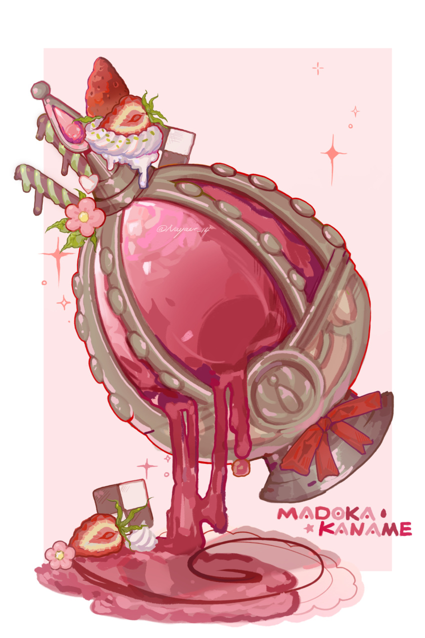 absurdres border bow candy checkerboard_cookie cookie dripping flower food fruit highres mahou_shoujo_madoka_magica mahou_shoujo_madoka_magica_(anime) no_humans object_focus outside_border pink_background pink_flower red_bow shixiaoqina signature simple_background soul_gem sparkle still_life strawberry whipped_cream white_border