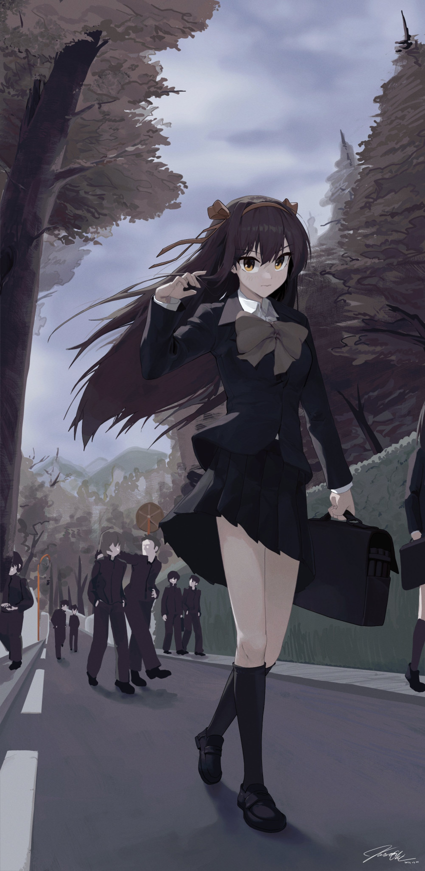 2girls 6+boys absurdres bag black_footwear black_jacket black_pants black_skirt black_socks bow bowtie brown_bow brown_bowtie brown_eyes brown_hair closed_mouth commentary faceless faceless_male full_body gakuran hair_ribbon hairband highres holding holding_bag jacket jiho_jyo_1 kneehighs kouyouen_academy_school_uniform loafers long_hair long_sleeves looking_at_viewer multiple_boys multiple_girls official_alternate_costume official_alternate_hairstyle outdoors pants pleated_skirt ribbon school_bag school_uniform shoes signature skirt socks solo_focus suzumiya_haruhi suzumiya_haruhi_no_shoushitsu suzumiya_haruhi_no_yuuutsu tree walking winter_uniform yellow_hairband yellow_ribbon