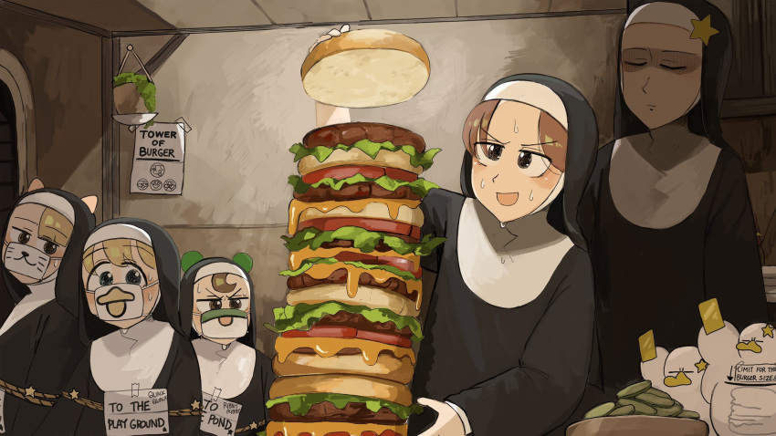 4girls :d bird blonde_hair blue_eyes brown_eyes brown_hair burger catholic chicken closed_eyes clumsy_nun_(diva) diva_(hyxpk) duck english_commentary food frog_headband froggy_nun_(diva) habit highres hungry_nun_(diva) little_nuns_(diva) multiple_girls nun plant poster_(object) potted_plant smile spicy_nun_(diva) star_nun_(diva) star_ornament too_much_burger traditional_nun yellow_eyes